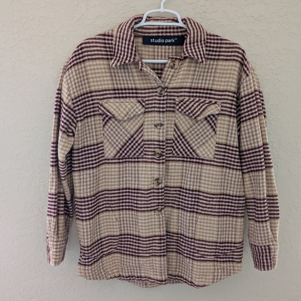 Studio Park Shacket Plaid Flannel Warm Oversized Button Up Shirt